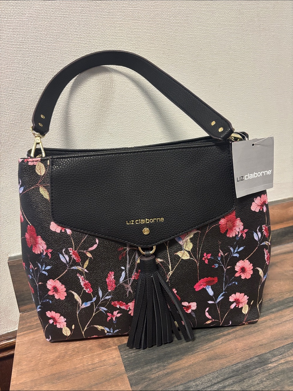 Liz Claiborne Black Floral Tassel Shoulder Bag